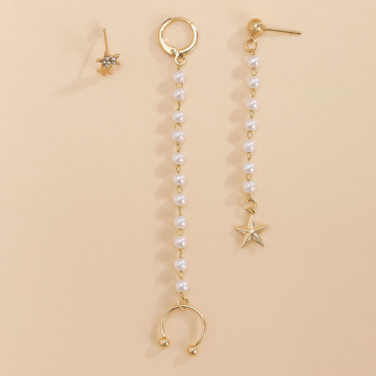 欧美跨境饰品 创意星月镶钻简约法式耳挂耳饰 不对称流苏耳扣耳钉