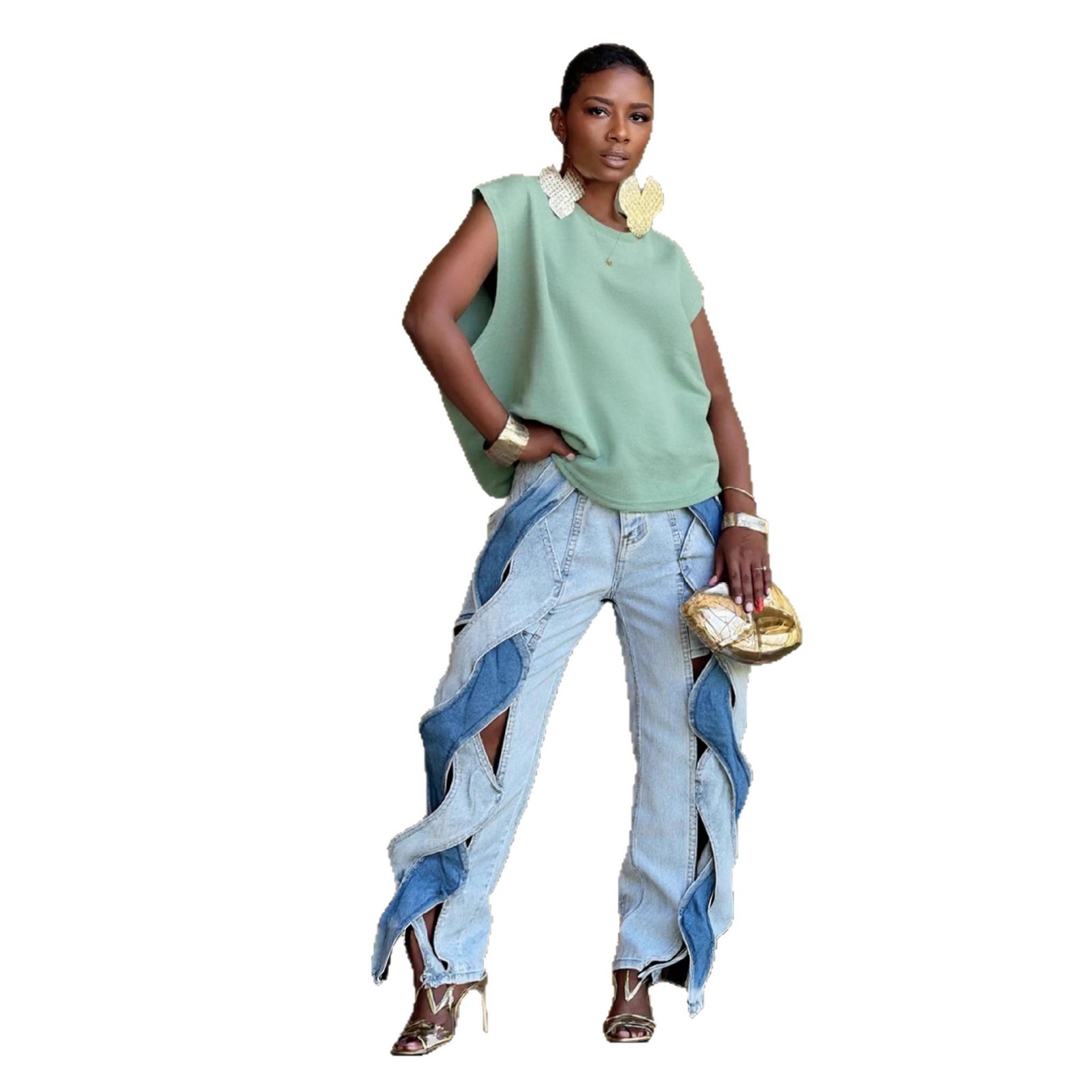 Trendy Distressed Denim Jeans With Braided Twist & Cutout Design - Straight Leg Comfort Fit For Women & Men​_ecoleips.com