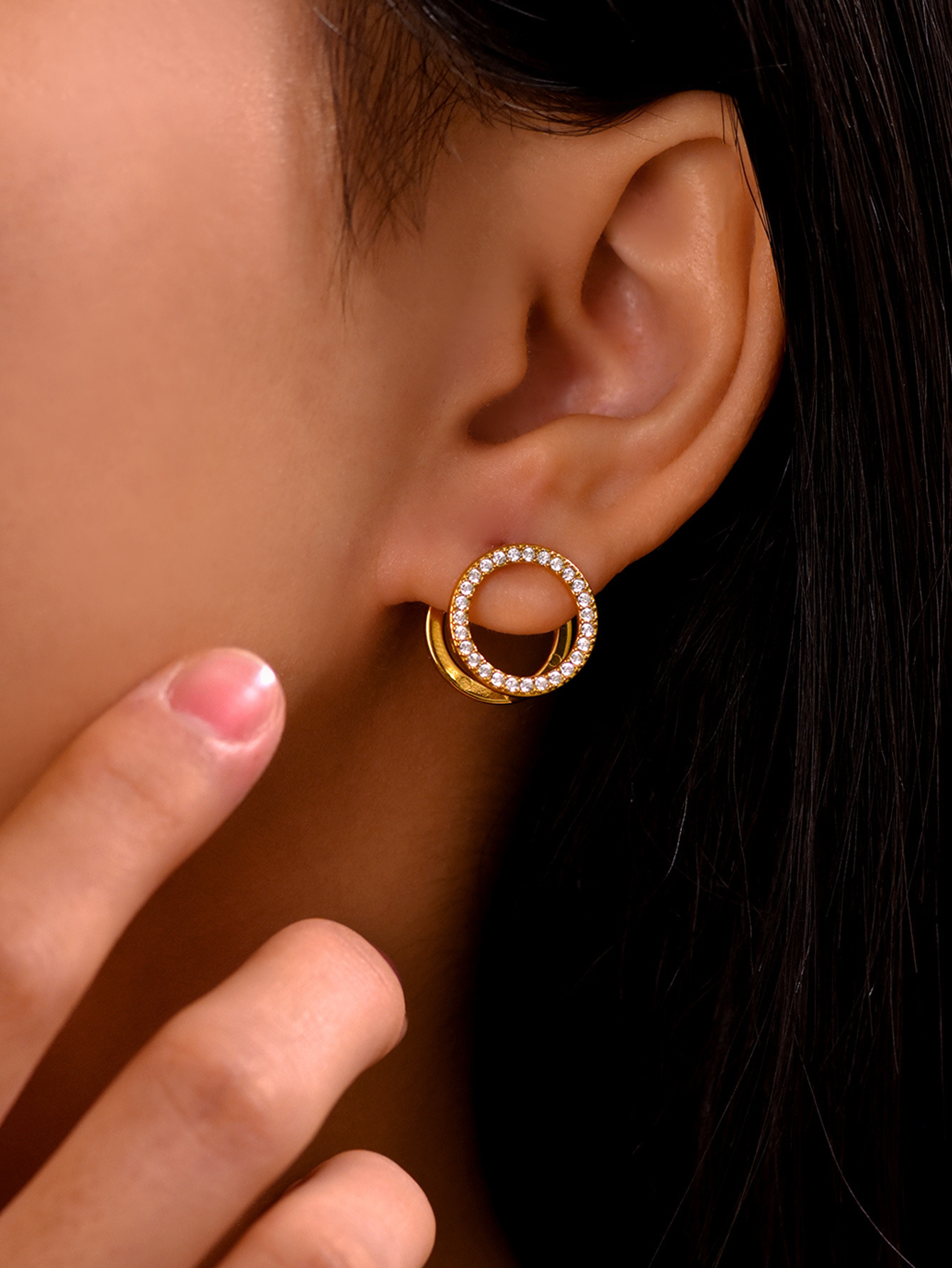 Square Zircon Double Sided Stud Earrings In Gold Stainless Steel_voghion.com