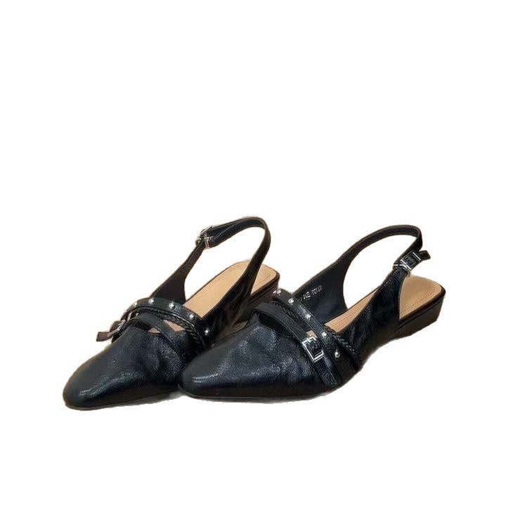 Vintage remaches de punta sandalias de cabeza para mujeres 2026 nuevo zapato plano con hebilla trasera vacía de viaje suave zapatos