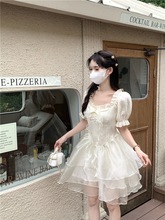 2025夏季文艺复古高腰蓬蓬蛋糕裙泡泡袖连衣裙少女显瘦蝴蝶结短裙
