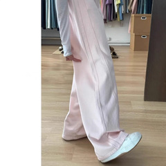 ピンクのワイドジーンズの女性の春夏の薄いタイプのハイウエストはやせています。
