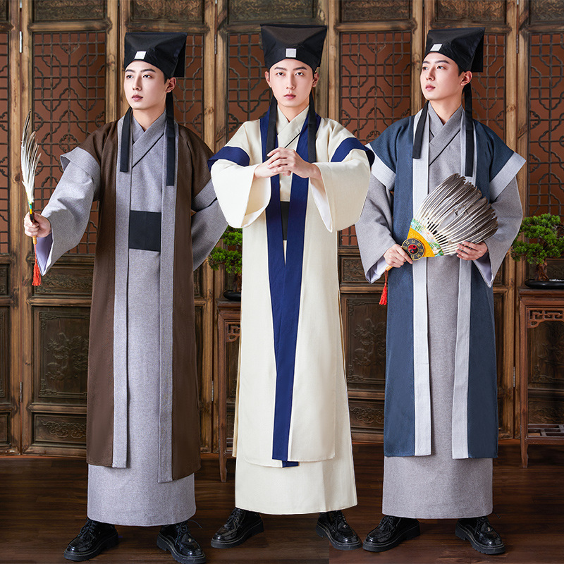Ancient Costume Men's Ancient Hanfu Cotton and Linen Long Shirt Chivalrous Master Doctor Shopkeeper Merchant Butler Performance Costume Costume