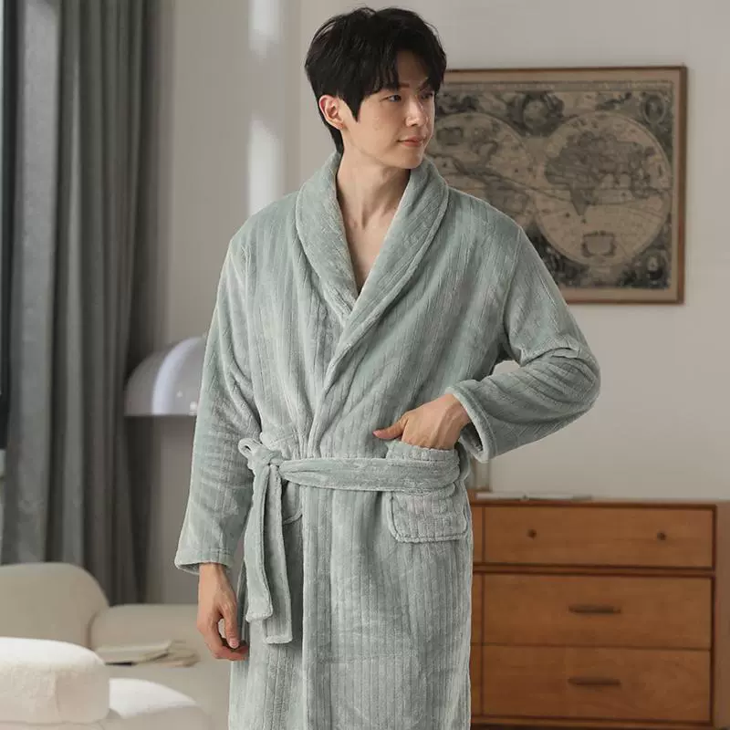 男士浴袍冬季珊瑚绒睡袍加绒加厚加长款浴衣秋冬款大码法兰绒睡衣