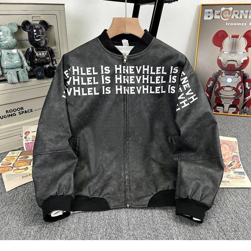 Cuello de béisbol chaqueta de cuero PU hombre primavera y otoño nuevo estilo americano letras de la calle alta impresa con chaqueta suelta