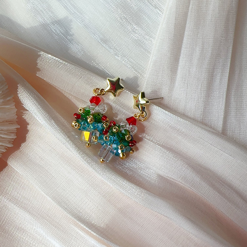 Boucles d'oreilles en perles faites à la main pour fille mignonne avec nœud rouge et sapin de Noël_voghion.com