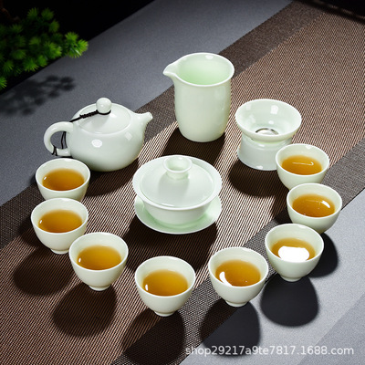 Emerald Kungfu Online tea set Suet jade 13 high-grade Gift box Gifts tea set suit Three talents Cover bowl Dehua ceramics