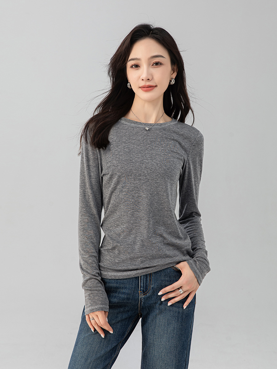 Áo thun nữ cổ tròn dáng rộng tay dài chất Tencel Cashmere phong cách retro Hàn Quốc — Màu cà phê