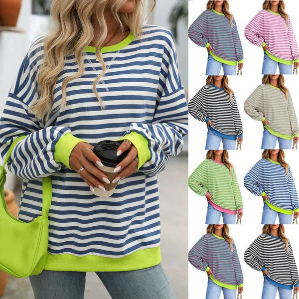 Amazon 2024 Europe and the United States cross-border foreign trade autumn and winter new color striped crew neck loose sweatshirt sweater women