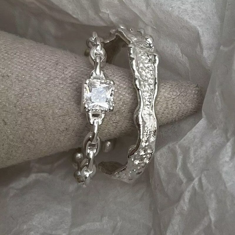 閃亮小方鑽錫紋戒指女輕奢小眾設計高級感簡約時尚百搭開口指環