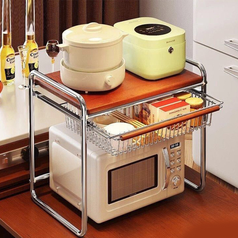 中世スタイルの電子レンジ収納ラックキッチン引き出し式カウンタートップ炊飯器オーブンラック多機能収納ラック|undefined