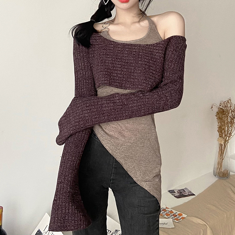 Damen Strickpullover Grau Vintage Harajuku Stil Langarm Shirt_voghion.com