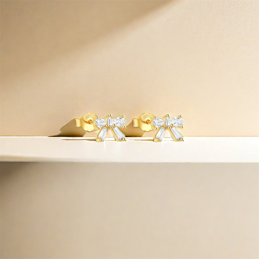 1 Pair Simple Style Heart Shape Bow Knot Plating Sterling Silver Zircon Ear Studs display picture 11