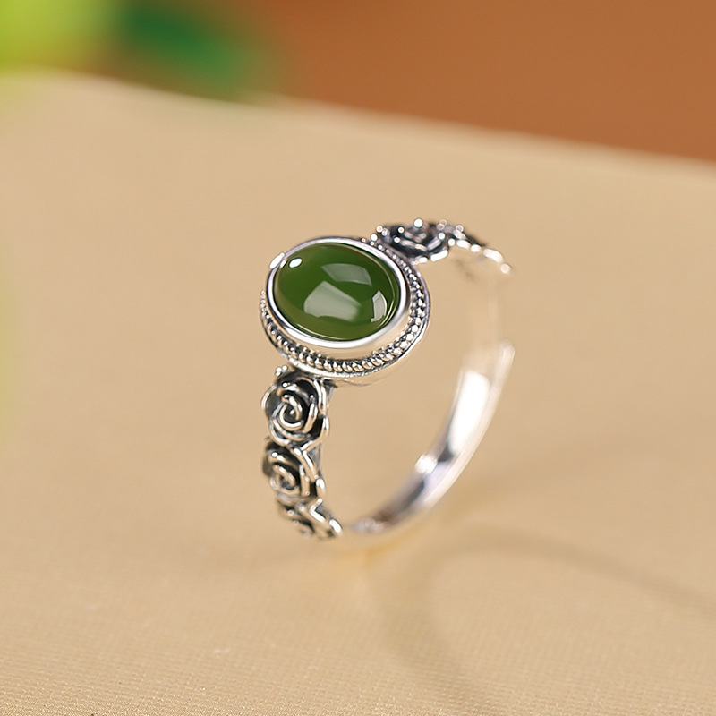 Nhẫn bạc S925 đính đá jasper đỏ cổ điển họa tiết hoa hồng mặt trứng — Mẫu đỏ nam