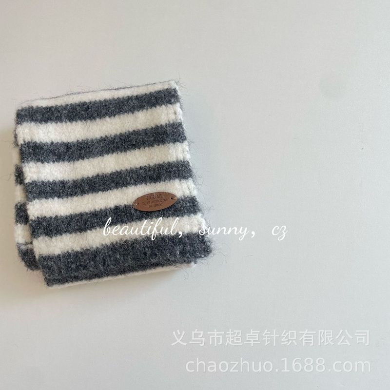 INS韩范文艺范条纹针织皮标儿童围巾复古保暖围脖|undefined