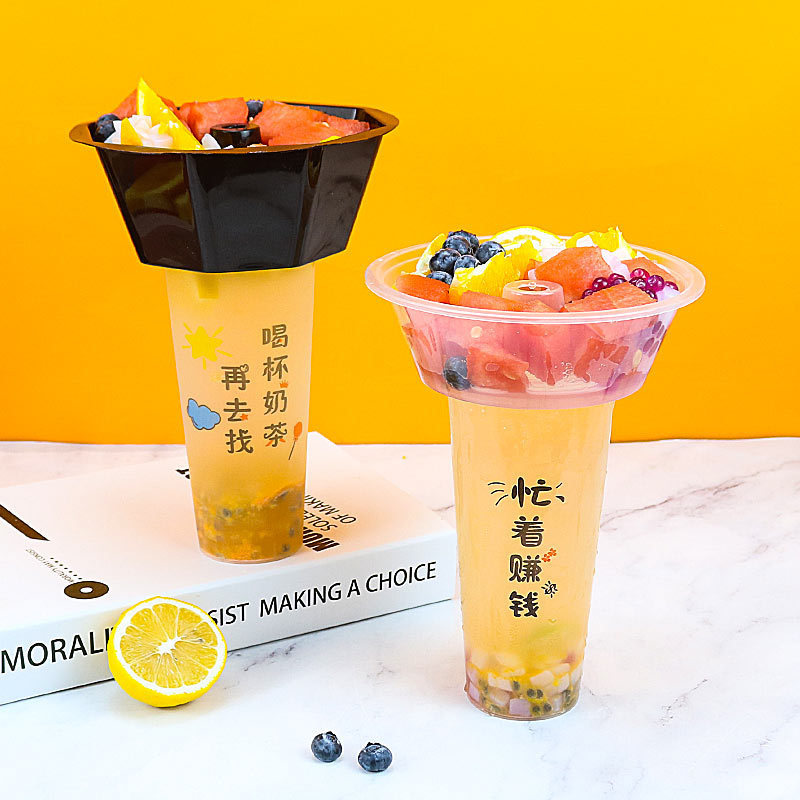 Hot pot taza de té de leche plástico transparente desechable taza de bocadillos negros taza de bocadillos con taza de bebida de jugo de té de leche