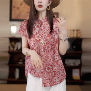 新しい中国風の女性の服 2025 新しいスタイルのシャツデザインニッチ半袖プリントシャツボタンアップスタンドカラートップ|undefined