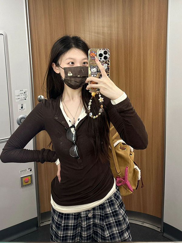 大码胖MM美式复古假两件长袖T恤女2025新款秋季修身显瘦打底上衣|undefined