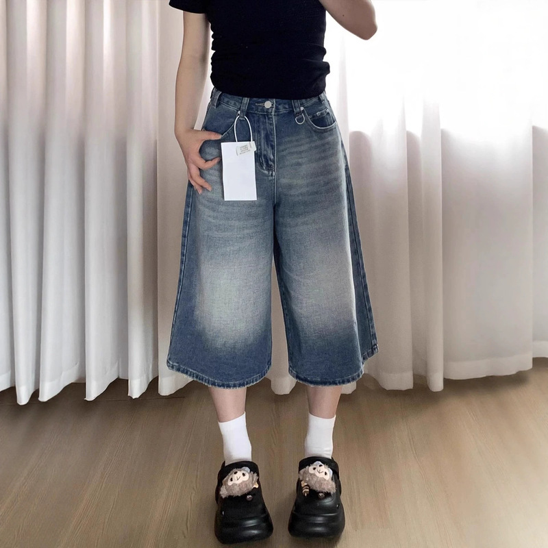 New Style Denim Cropped Pants for Women, American-Style Straight Wide-Leg Pants, Loose Fit for Plus-Size Women, Flattering for Pear-Shaped Body, Cropped Wide-Leg Pants for Women