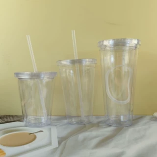 跨境双层透明塑料吸管杯 便携大容量奶茶杯 热销款logo奶茶礼品杯