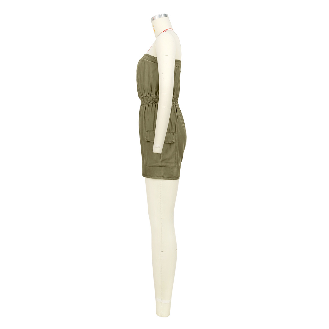 Women Clothing Sexy Comfortable Solid Color Chest Wrapped Organ Pocket Jumpsuit