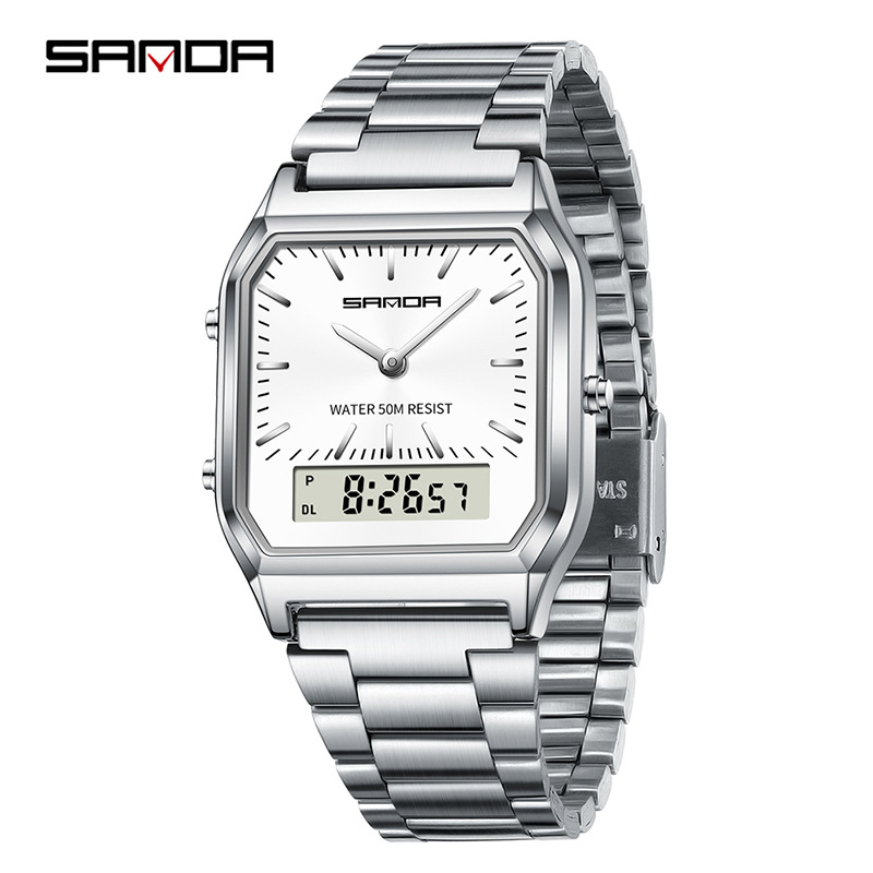 SANDA SANDA 747 hombre retro reloj electrónico de negocios moda moda personalidad reloj de hombre correa de acero reloj de pulsera ligero