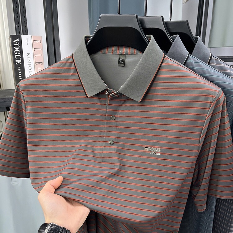 Seamless Men's Versatile Square Collar Summer Polo Shirt Short Sleeve Casual Striped Business Half-Sleeve T-Shirt