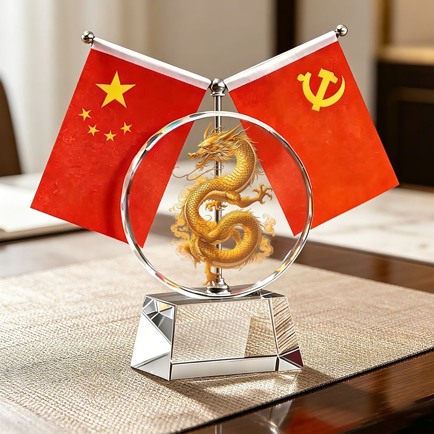 Year of the Horse Five-Star Red Flag Crystal Ornament, Creative High-End Office Desk Decoration, Brings Success, Attracts Wealth, and Protects the Home
