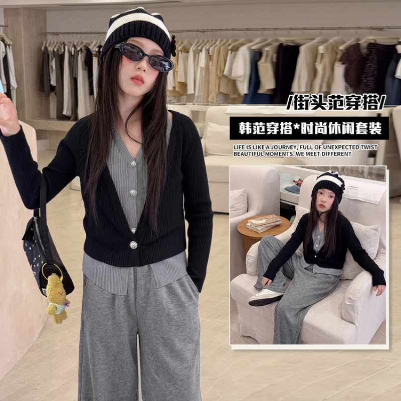 Zhili children's autumn outfit set for girls, 2026 new style, for medium and large children, faux two-piece top, wide-leg pants, casual Korean style.