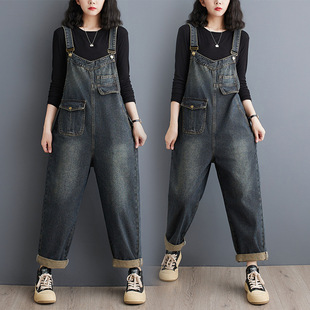 2025 Spring New Large Size Versatile Loose Denim Overalls Cropped Pants for Women
