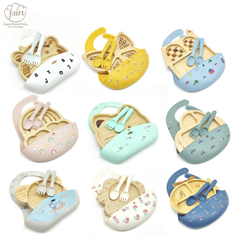 Cross-border wholesale food grade bamboo children's tableware suit complementary bowl bib fork spoon feeding children's tableware suit