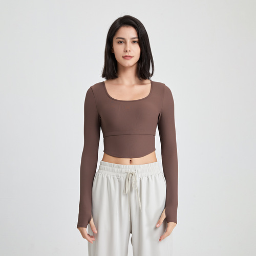 Ribbed nude slimming yoga wear long sleeves with chest pad fitness top T-shirt running outer bra sports bra