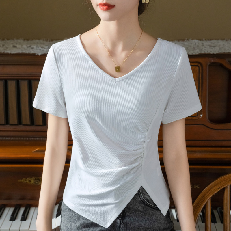 Camiseta de manga corta para mujer verano 2023 nuevas mujeres elegantes con cuello en V hilo camiseta irregular dobladillo dividido cintura superior