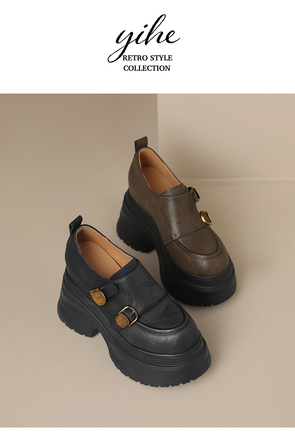 Giày loafer nữ đế xuồng cao 12 cm, miệng sâu cổ điển, khóa thắt lưng — Màu đen, Màu đen kaki chi tiết 14