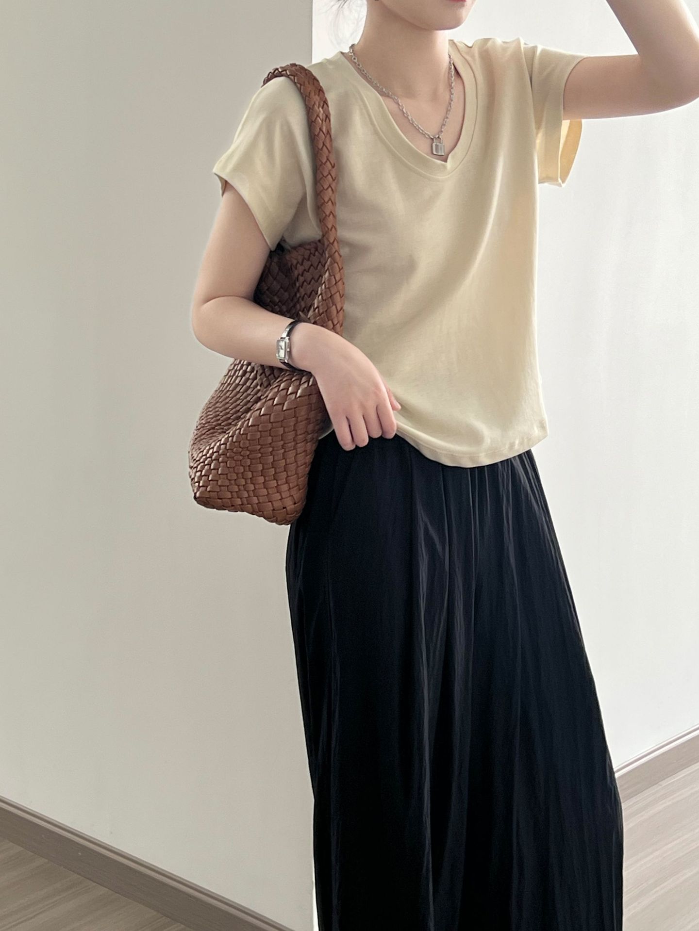 Three Dimensional Simple U Neck Short Sleeved T shirt for Women Summer Slimming Wide Sleeved Top 8 Three Dimensional Simple U Neck Short Sleeved T shirt for Women Summer Slimming Wide Sleeved Top