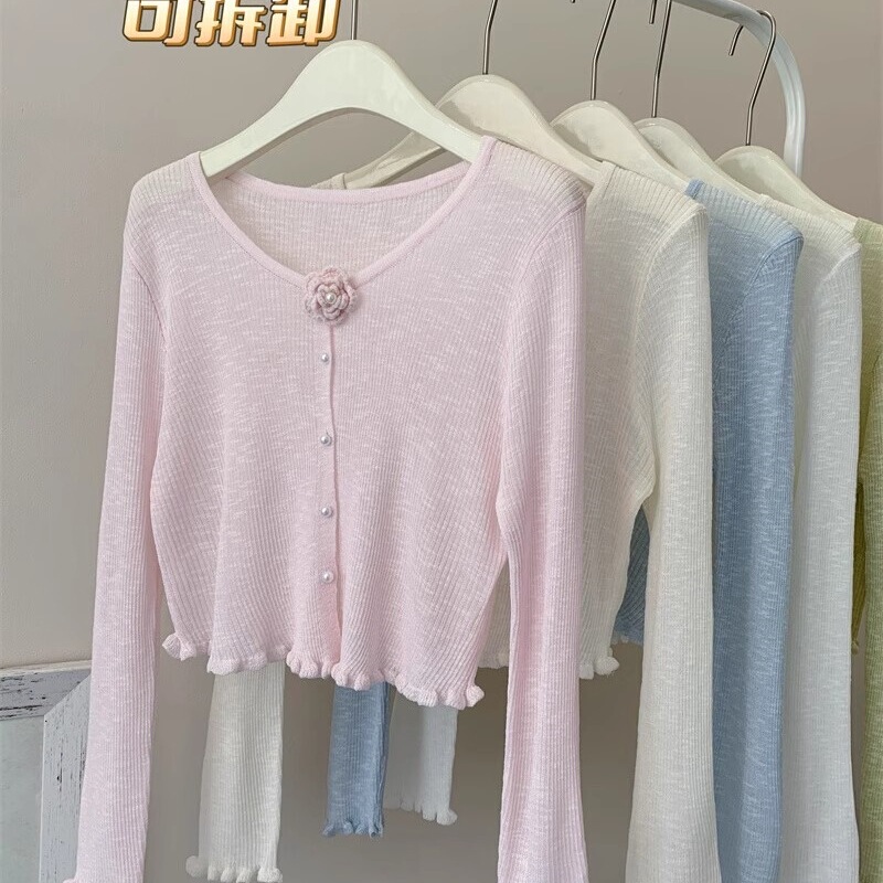 French-Style Rose Ice Silk Knit Cardigan, Summer Sun-Protective Cardigan with Ruffled Edges, Thin New Chinese-Style Outerwear Shawl Jacket French-Style Rose Ice Silk Knit Cardigan, Summer Sun-Protective Cardigan with Ruffled Edges, Thin New Chinese-Style Outerwear Shawl Jacket
