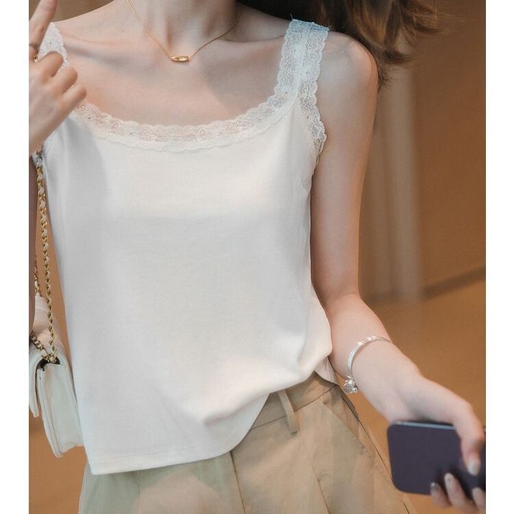 Spring and Summer Ice Silk Lace Camisole Women's Loose plus size Outer Wear Inner Base Shirt Sleeveless Threaded Vest Trendy