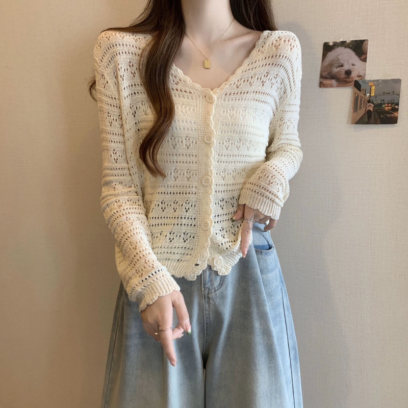 夏中空ニットカーディガン新しい女性の薄い襟薄いコート空調ショール日焼け止め長袖ショートトップ|undefined