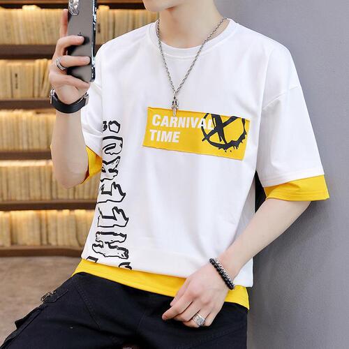 Summer new men's crewneck short-sleeved T-shirt, youth-style faux two-piece half-sleeved Korean-style slim-fit base layer shirt, casual and versatile.