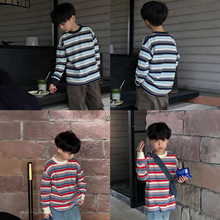 HM0130  26春款新品彩色条纹色织圆领中大童亲子长袖T恤童上衣