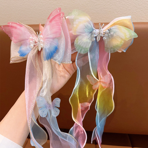 Moving butterfly mesh streamer hairpin  new bow children's hairpin headdress girls clip hair accessories