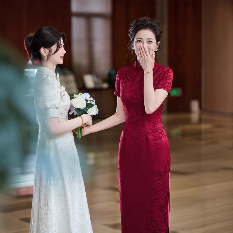 Cheongsam Women's Toast Dress, Bride's High-End Red Petite Mother's Wedding Banquet Dress, Mother-In-Law's Classy Summer Dress