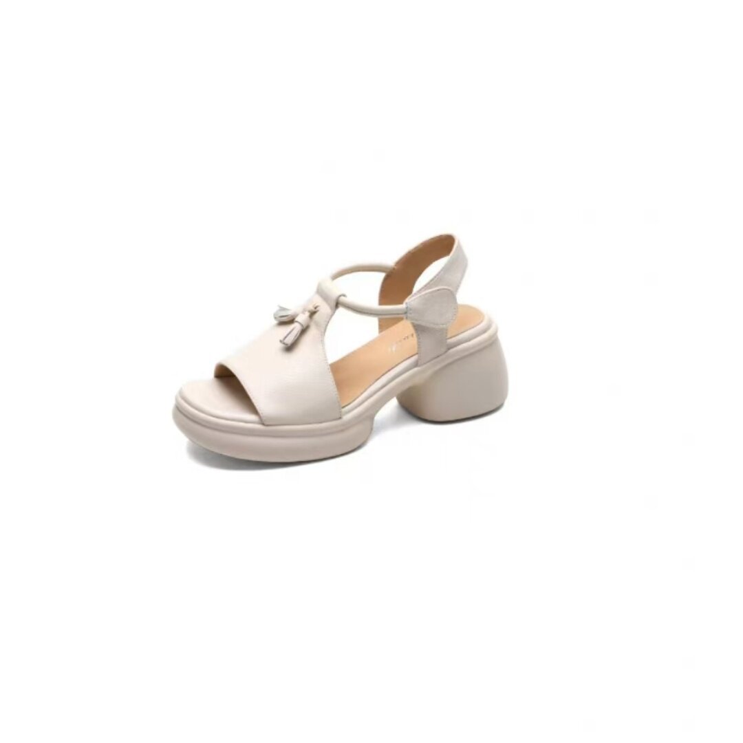 Sandal nữ da thật đế dày mũi hở gót vuông quai ngang — màu đen