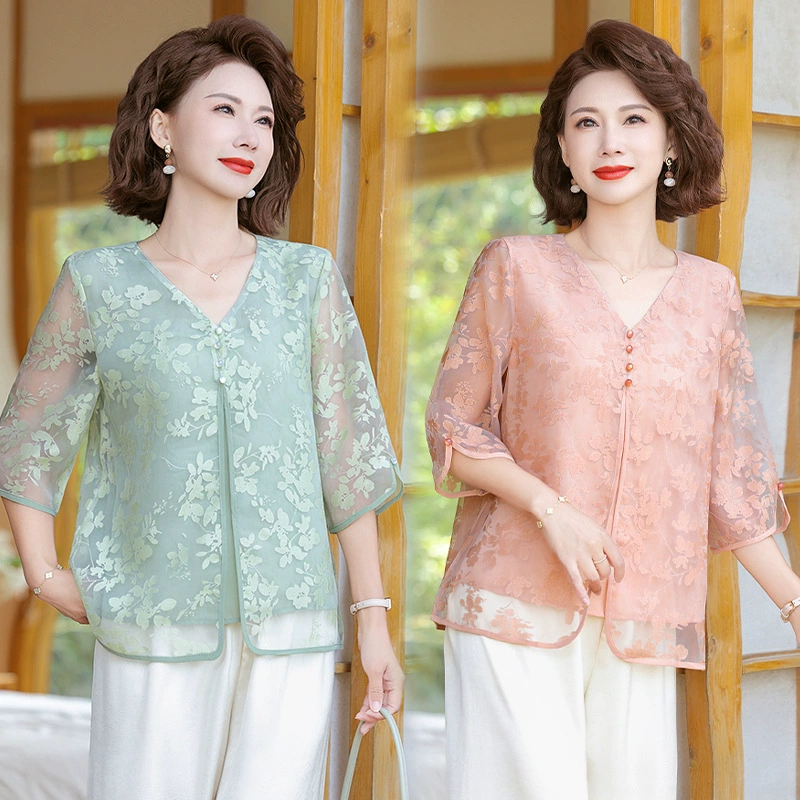 Модная летняя шифоновая футболка из двух частей для женщин среднего и пожилого возраста, стильная рубашка с короткими рукавами, закрывающая живот.