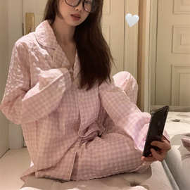 实拍2023秋冬新款韩版粉色格子睡衣长袖长裤两件套套装女外贸批发