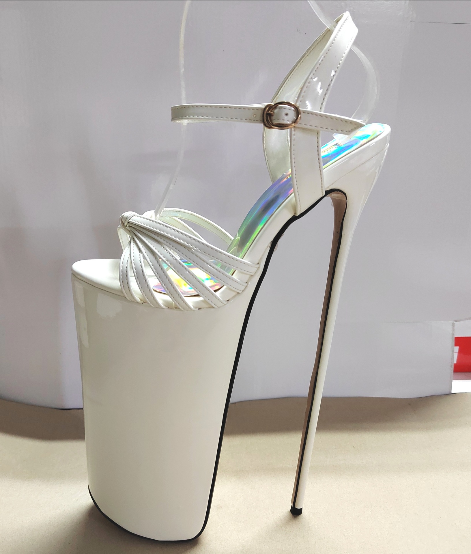 Sandal nữ cao gót siêu cao 30 cm quai mảnh khóa cài hở mũi — Trắng chi tiết 2