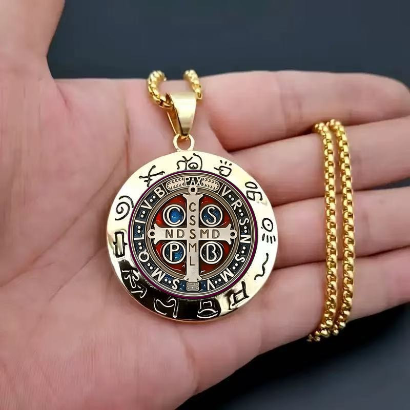 Saint Benedict Exorcism Symbol Pendant Necklace, Vintage Hip-Hop Round Pendant, Cross-Border Unisex Sweater Chain Accessory