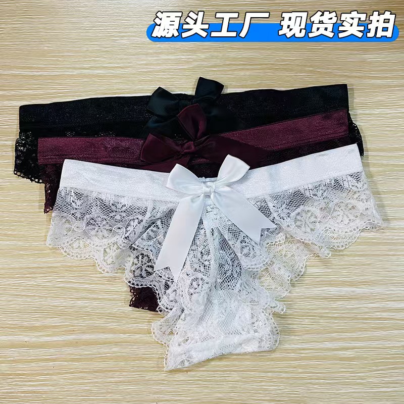 European and American Cross-border Sexy Girl's Hollow Underwear Women's Lace Bow Low Waist Hip-lift Hot Perspective G-string