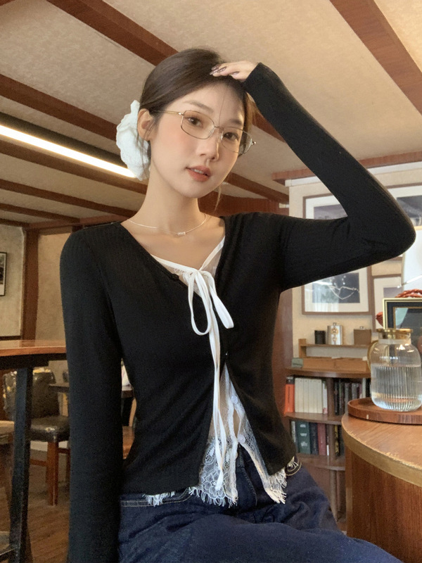韩系ins蕾丝拼接假两件纽扣开衫长袖T恤女秋季新款设计感小众上衣|undefined