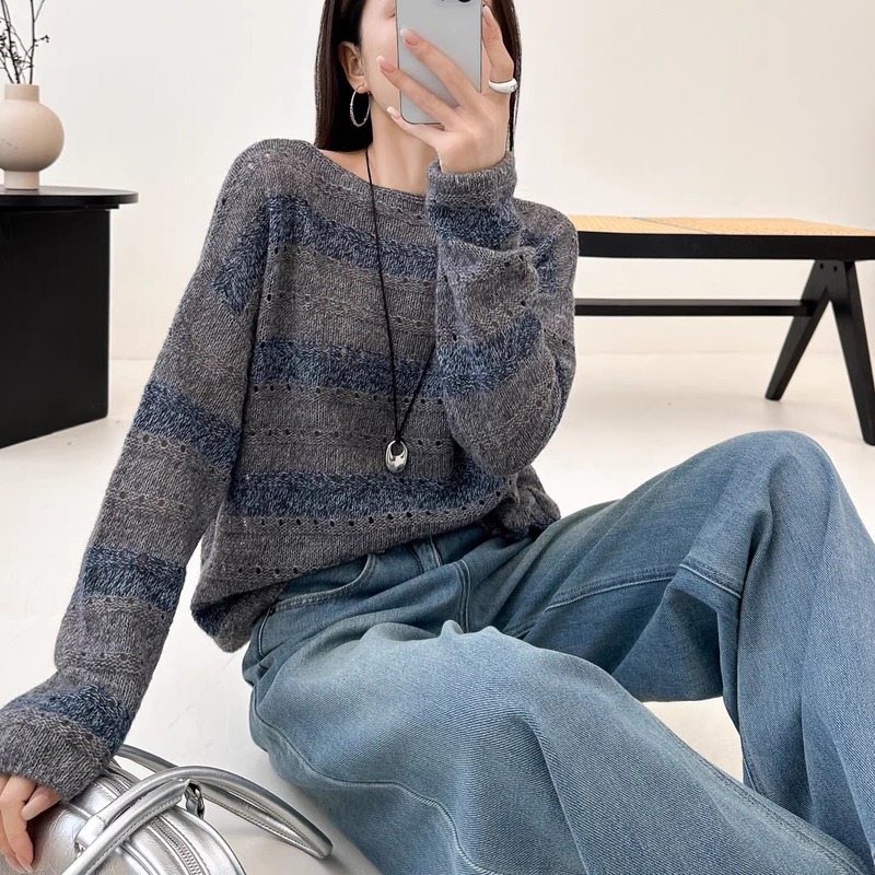 丝羊绒横条纹宽松羊毛衫女2025秋装新款圆领欧货针织衫休闲毛衣女|undefined
